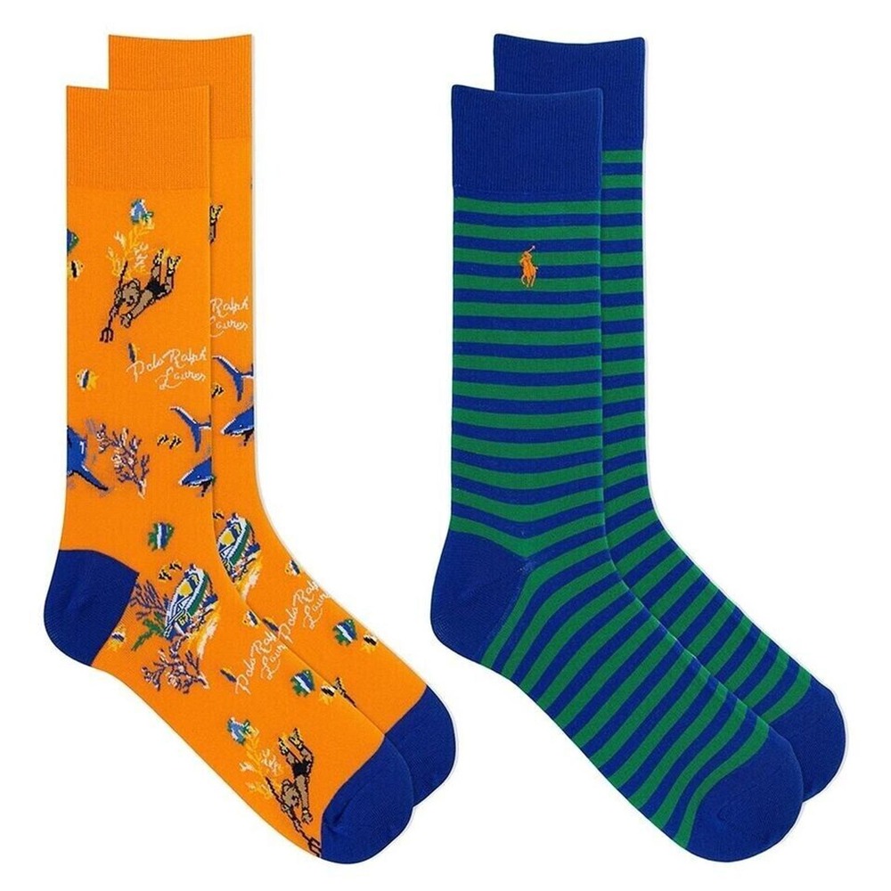 NWT Polo Ralph‎ Lauren Trouser Dress Socks Sea Bear Multicolored 2 Pk Size 10-13